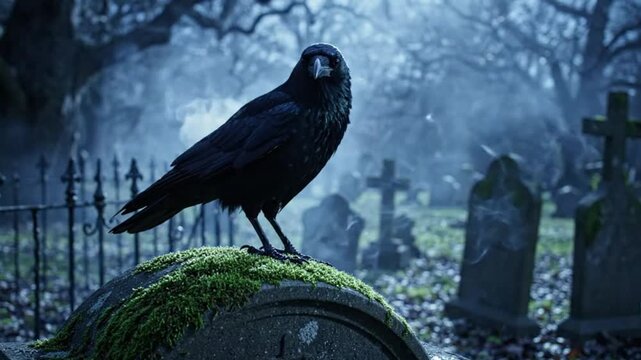 Black raven perched on a mossy tombstone in a foggy graveyard at night