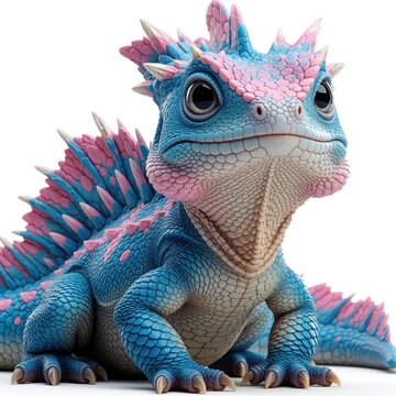 Small cute mythical basilisk creature with blue and pink scales and spiky crest sits. Fantasy reptile has big eyes and textured skin. Imaginary animal is cute and friendly.