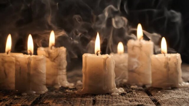 White candles burning with thick dark smoke on rustic wood
