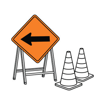 Road Construction Sign with Left Arrow and Traffic Cones Vector Illustration - Detour and Safety Concept