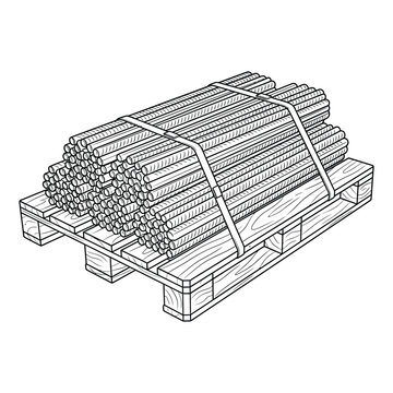 Industrial Pipes or Metal Rods Stacked on a Wooden Pallet Line Art Illustration, Construction Materials for Coloring Page