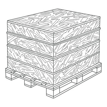 Line Art Illustration of a Stack of OSB Wood Panels on a Pallet, Building Construction Material Outline