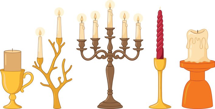 Elegant vector set of vintage candelabras and burning candles in various modern holders for cozy home decor design elements