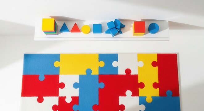 Educational Shapes And Puzzle Patterns Displayed On A Shelf
