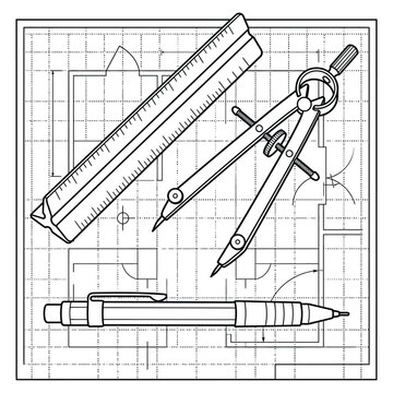 Architectural Drawing Tools on House Blueprint Floor Plan - Line Art Illustration for Coloring or Design