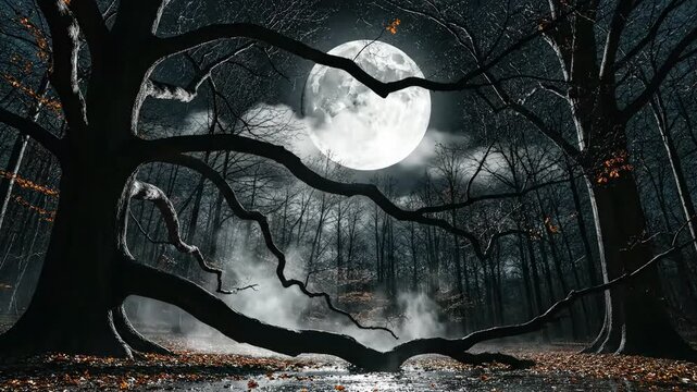 Spooky dark forest at night with a large glowing full moon behind silhouetted gnarled trees and thick ground mist in an eerie cinematic scene.