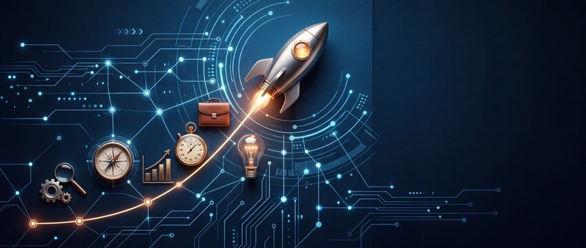 Silver rocket launching upwards on a blue digital circuit board background, symbolizing business growth, innovation, and project startup with icons for time, ideas, and data.