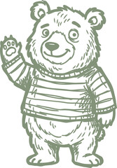 Fototapeta premium Waving bear in striped shirt hand drawn illustration