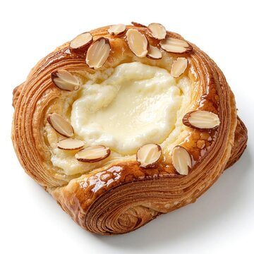 Golden baked pastry with cream cheese filling and almond slices sits on a clean white surface. A sweet swirl of dough forms the base for this delicious, flaky breakfast treat.