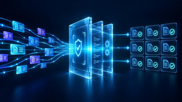 Digital document validation process with glowing shield and gears filtering data into approved checklist icons