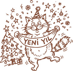Naklejka premium Naive new year cat illustration with decorated christmas tree and banner