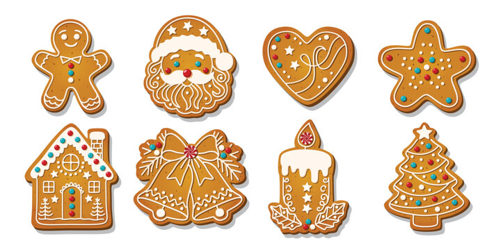 Christmas Gingerbread cookies for xmas celebration. Winter homemade biscuits with sweet icing details in festive shapes isolated on white background. Festive decoration vector illustration.