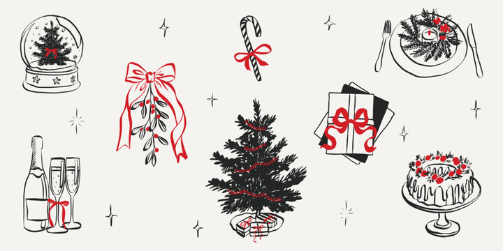 Whimsical chalk doodles of Christmas party. Quirky icons of breakfast and dinner meals in crayon style. Crayon drawing for menus and invitations. La dolce vita hand drawn sketches.