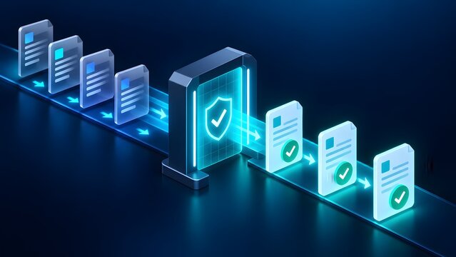 Isometric digital document approval workflow with glowing security shield scanner and checkmark icons