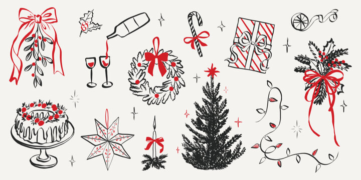 Whimsical chalk doodles of Christmas party. Quirky icons of breakfast and dinner meals in crayon style. Crayon drawing for menus and invitations. La dolce vita hand drawn sketches