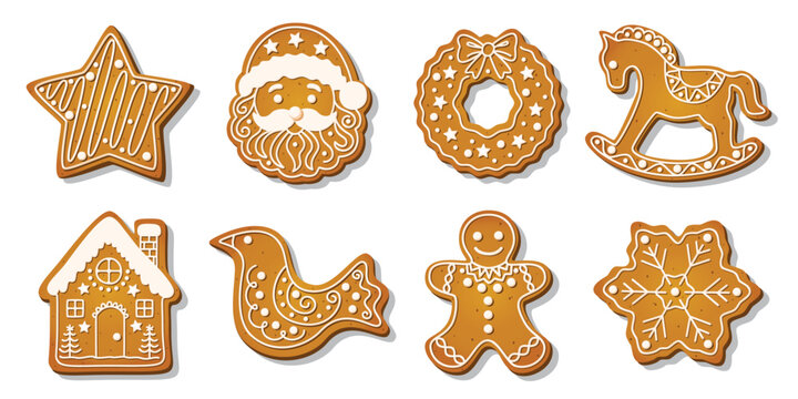 Christmas Gingerbread cookies for xmas celebration. Winter homemade biscuits with sweet icing details in festive shapes isolated on white background. Festive decoration vector illustration.