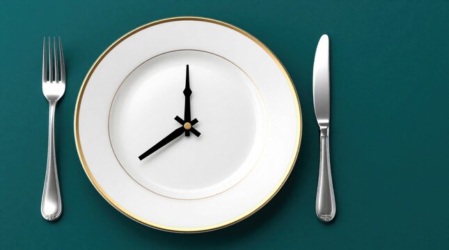 Empty dinner plate with clock hands suggests time restriction for eating. Isolated object on dark background implies diet and wellness discipline. Concept of timing meals.