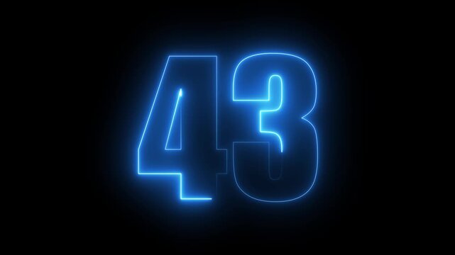 Glowing neon number 43 animation, blue light digital countdown sign on black background, forty-three