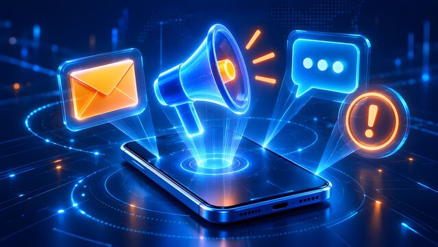 Glowing digital smartphone projecting holographic megaphone and notification icons for cyber marketing strategy