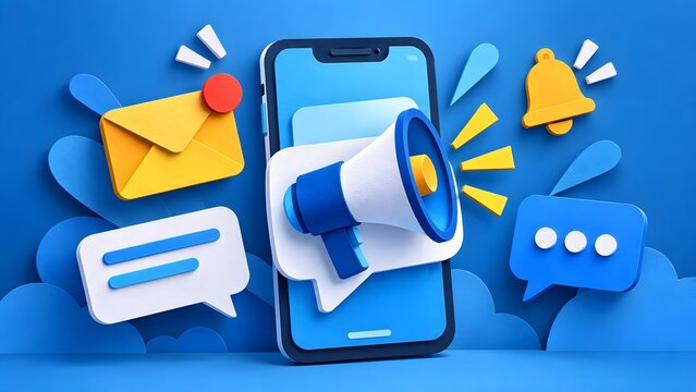 Paper craft smartphone with megaphone and notification icons representing creative digital marketing strategy