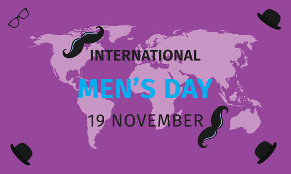 International mens day greeting card on purple background with world map, mustaches, bowler hats, and glasses
