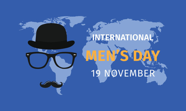International mens day banner illustration with hat, glasses and mustache on world map background