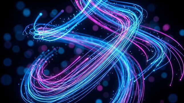 Blue and pink glowing light trails on dark background