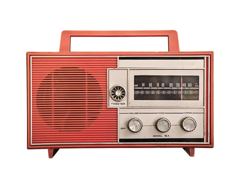 Classic red retro-style radio isolated on white background with clipping path.