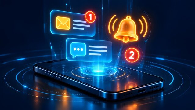 Glowing digital smartphone projecting holographic notification bell and unread message alerts