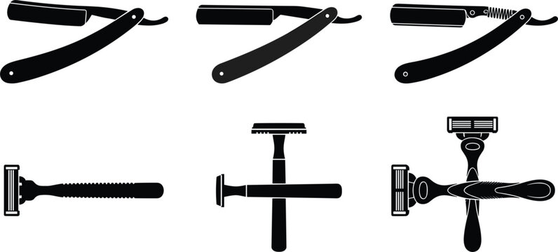 Vintage barber straight edge razors and modern plastic shaving tool shapes for men facial hair grooming salon business
