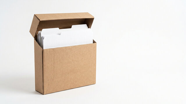 Open cardboard file box with white document folders on white background