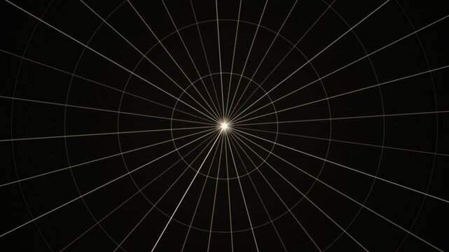 The image displays a geometric looping background of radial lines and concentric circles on a dark field.