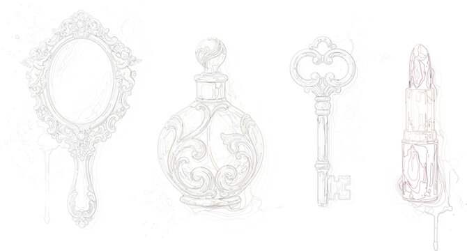 Vintage cosmetic sketch collection featuring highly detailed hand mirror glass perfume flask ornate key and lipstick tube elements