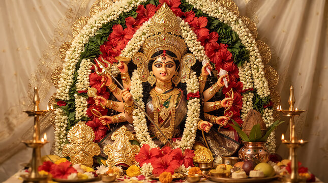 Goddess durga idol decorated with flowers for the durga puja festival celebration