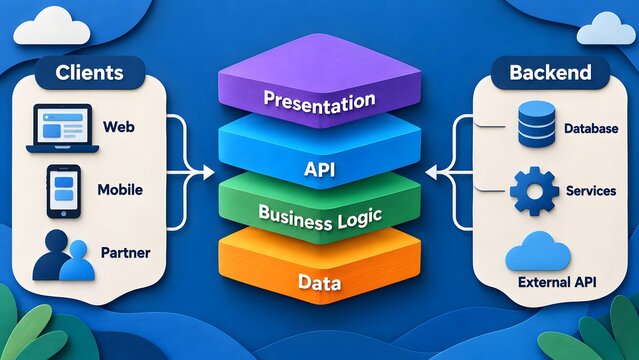 Colorful layered software architecture diagram showing clients API business logic and backend database services