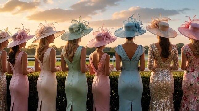 Elegant women in pastel dresses, large hats watch horse race at sunset. Group of female friends enjoy luxury social event at racetrack. Back view of stylish ladies at high society equestrian gala