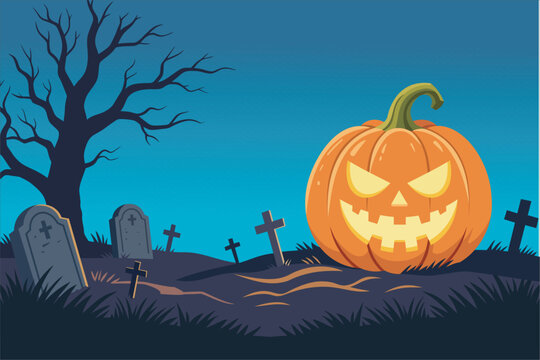 Halloween jack o lantern pumpkin in night graveyard in flat 2D style. Vector illustration for spooky cemetery background concept.