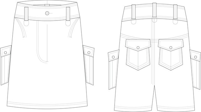 Technical fashion flat sketch of a women high waisted skort showing front and back views with cargo pockets