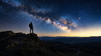 Fototapeta premium Silhouette of hiker on mountain peak under milky way galaxy