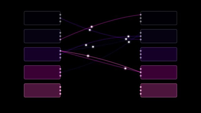 Abstract network of glowing nodes and colorful rectangular panels forming a looping digital background