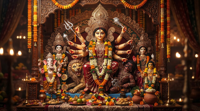 Goddess durga idol decorated for durga puja festival celebration in a temple