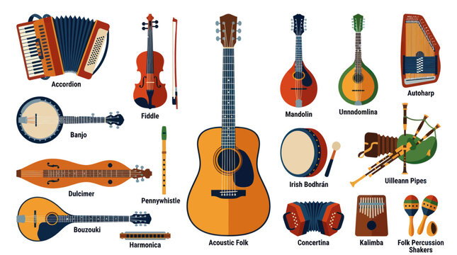 Flat Vector Illustration of Folk Musical Instruments Collection. Diverse Traditional Music Icons: Accordion, Banjo, Fiddle, Mandolin, Bagpipes, Dulcimer, Percussion.