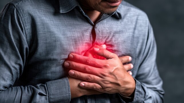 hand hold chest with heart attack symptoms, have chest pain caused by heart disease, leak, dilatation, enlarged coronary heart, press on the chest with a painful expression