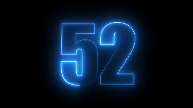 Glowing neon number 52 sign, electric blue light animation on black background