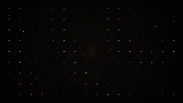 An abstract digital particle grid forms a looping background with subtle red and white nodes on a dark canvas.