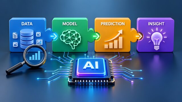 Colorful 3D puzzle blocks showing artificial intelligence process sequence from data to insight
