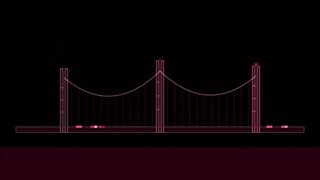 An animated neon bridge background features a seamless loop of glowing structures over dark water at night.