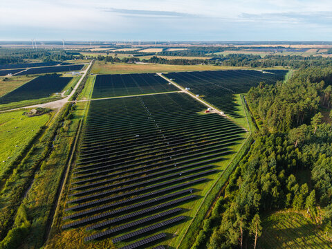 Aerial view of a large solar farm with rows of photovoltaic panels situated in a rural landscape surrounded by green fields and dense forests Targale, Ventspils Municipality, Latvia.