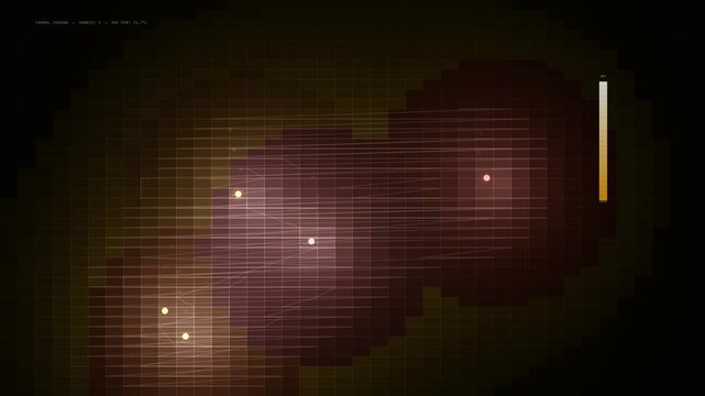 This digital display features a looping overlay of glowing particles and subtle grid lines.
