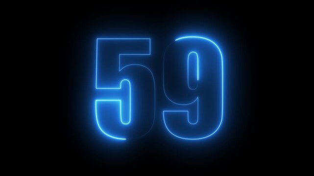Neon blue glowing number 59 countdown timer, digital light effect on black background, fifty-nine